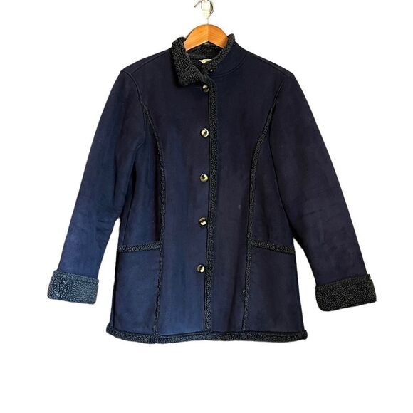 L.L. Bean navy faux fur button down coat - Picture 1 of 11